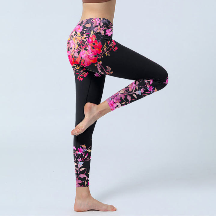 Buddha Stones Black Pink Floral Leaves Print Gym Leggings Women's Yoga Pants