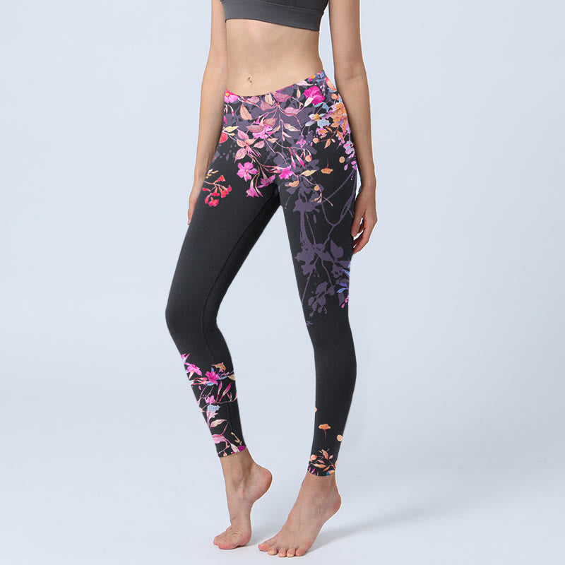 Buddha Stones Black Pink Floral Leaves Print Gym Leggings Women's Yoga Pants - Black - US18，UK/AU22，EU50 (4XL) - image 0