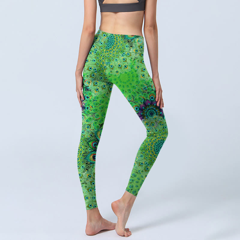 Buddha Stones Green Peacock Tail Feathers Print Gym Leggings Women's Yoga Pants