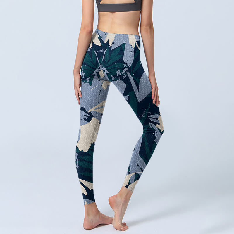 Buddha Stones Blue Plant Leaves Print Gym Leggings Women's Yoga Pants