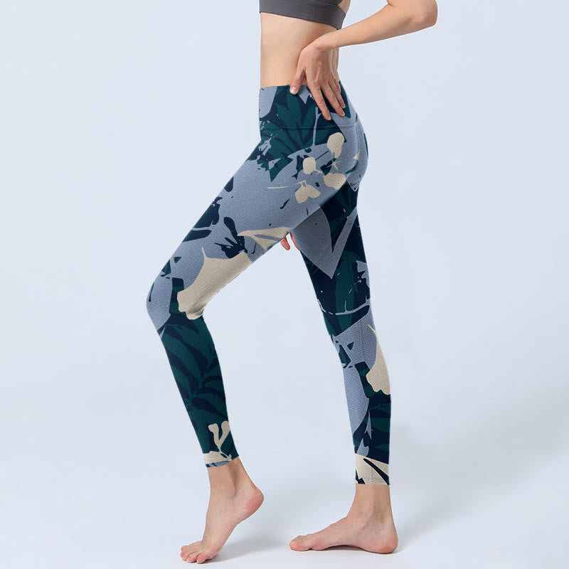 Buddha Stones Blue Plant Leaves Print Gym Leggings Women's Yoga Pants