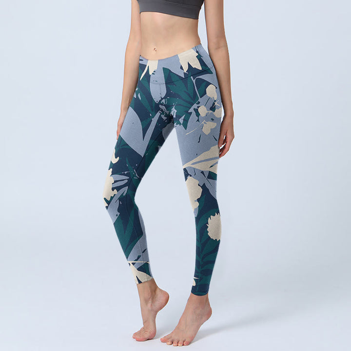 Buddha Stones Blue Plant Leaves Print Gym Leggings Women's Yoga Pants - LightSteelBlue - US18，UK/AU22，EU50 (4XL) - image 0