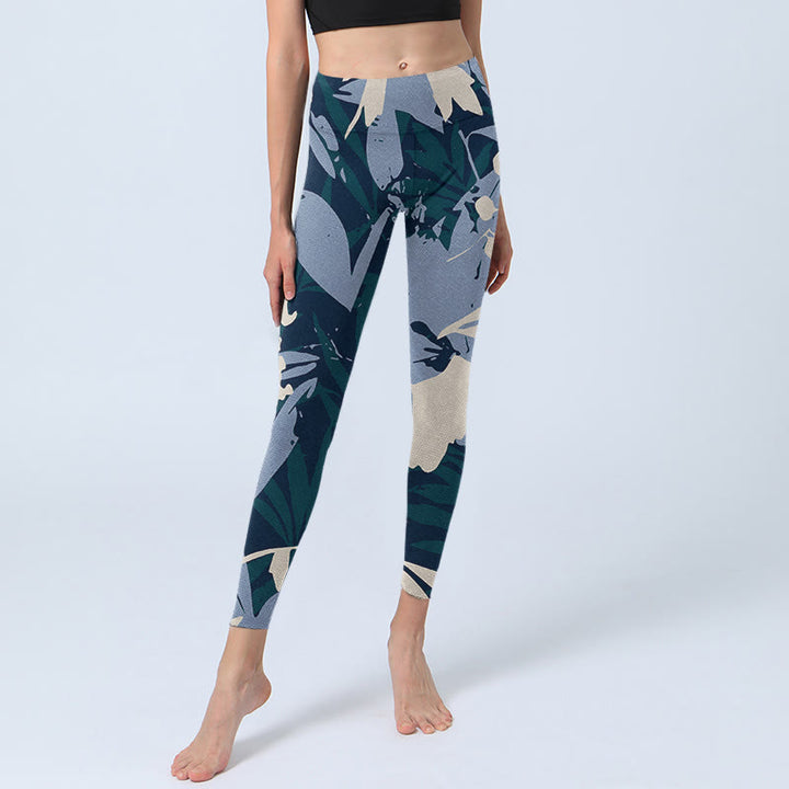 Buddha Stones Blue Plant Leaves Print Gym Leggings Women's Yoga Pants - image 5