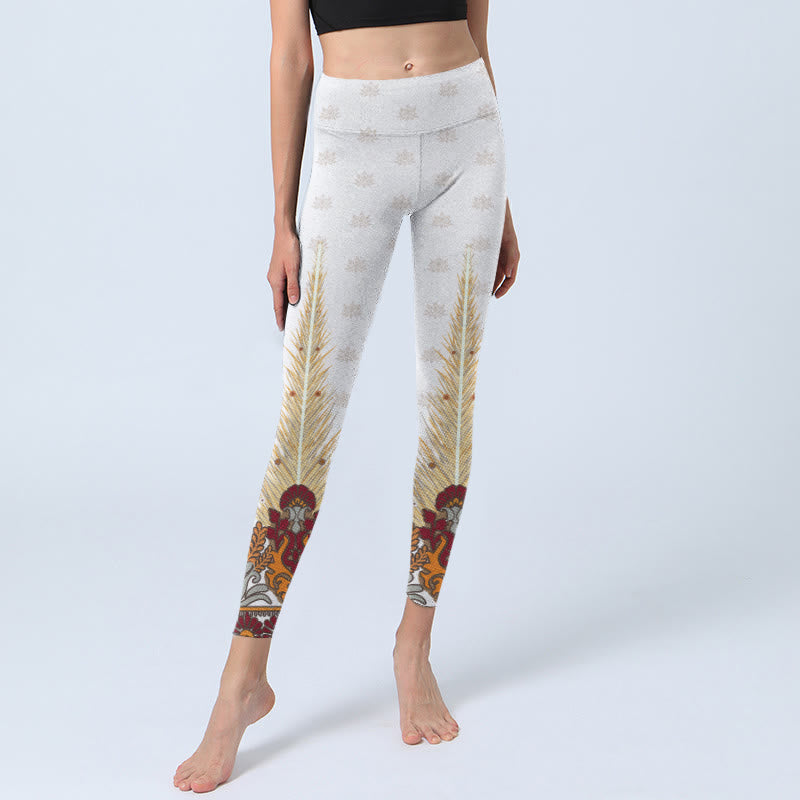 Buddha Stones White Abstract Lotus Flower Print Gym Leggings Women's Yoga Pants