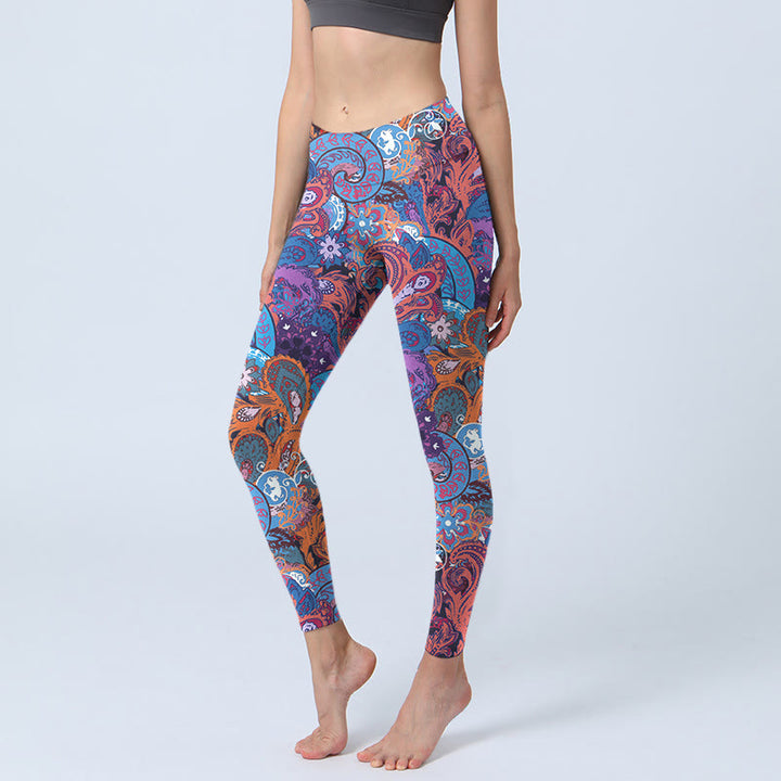 Buddha Stones Colorful Floral Curly Grass Print Gym Leggings Women's Yoga Pants