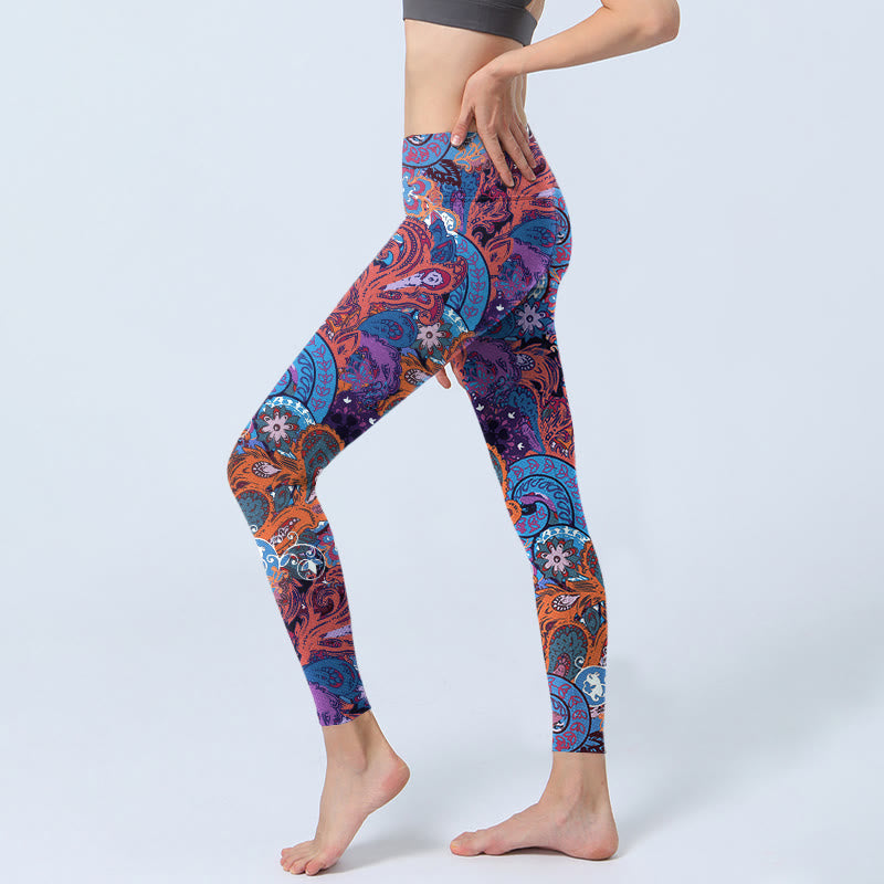 Buddha Stones Colorful Floral Curly Grass Print Gym Leggings Women's Yoga Pants