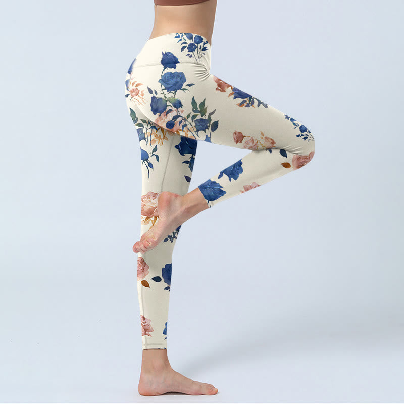 Buddha Stones Red Blue Rose Leaf Print Gym Leggings Women's Yoga Pants