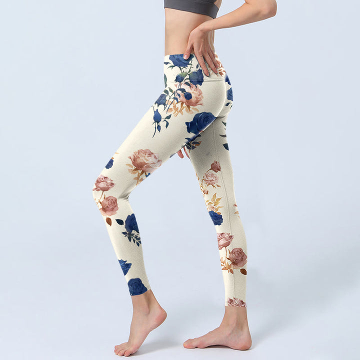 Buddha Stones Red Blue Rose Leaf Print Gym Leggings Women's Yoga Pants - image 2