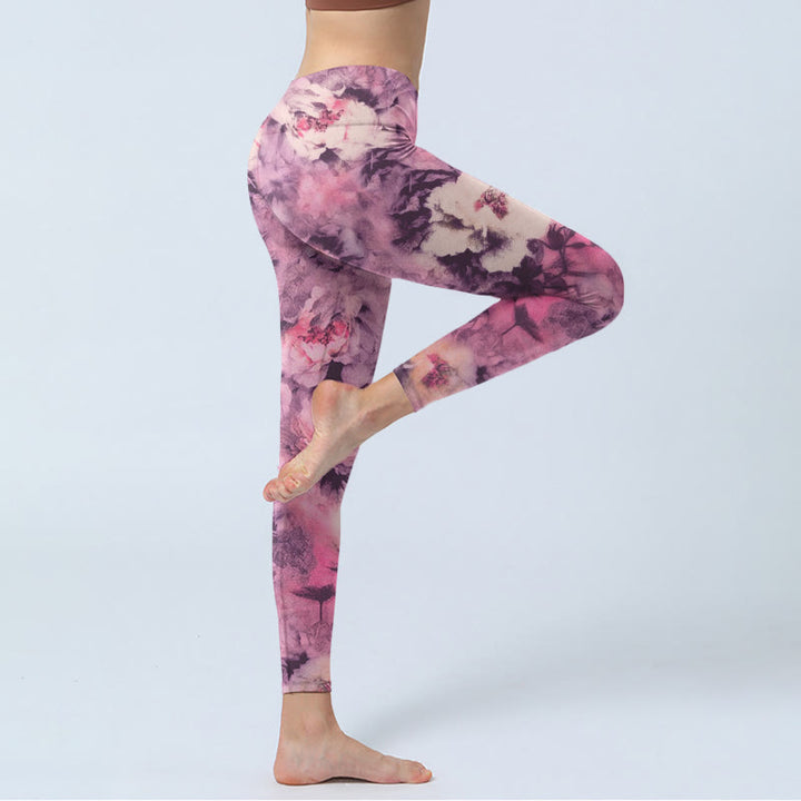 Buddha Stones Purple Peony Flowers Print Gym Leggings Women's Yoga Pants - image 3