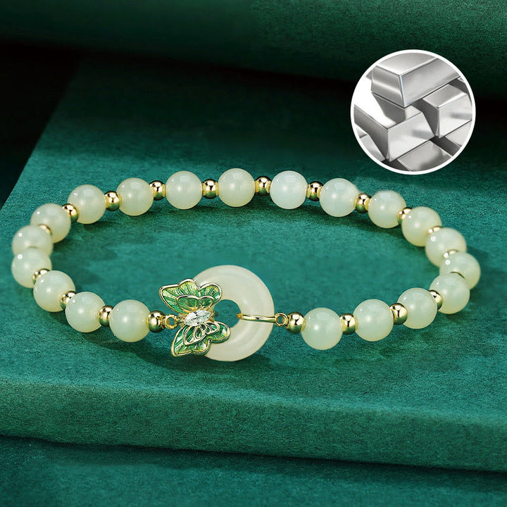 Buddha Stones 925 Sterling Silver Natural Hetian Jade Peace Buckle Butterfly Zircon Luck Bracelet Necklace Pendant