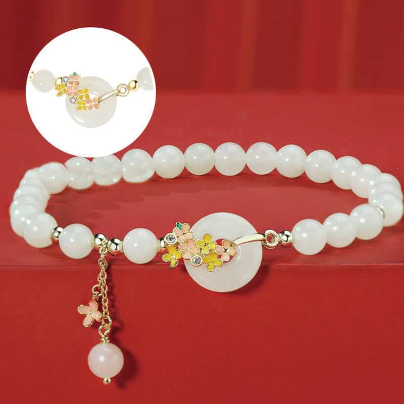 Buddha Stones 925 Sterling Silver Natural Hetian Jade Osmanthus Flowers Peace Buckle Zircon Luck Bracelet Necklace Pendant