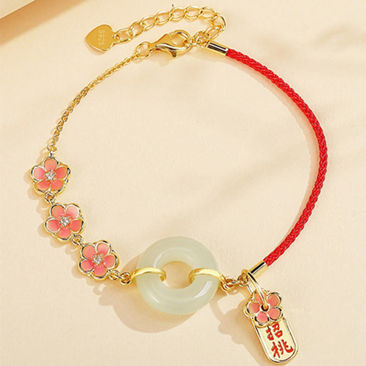 Buddha Stones 925 Sterling Silver Natural Hetian Jade Peach Blossom Peace Buckle Zircon Luck Bracelet Necklace Pendant