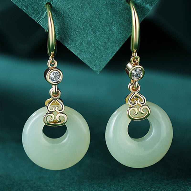 Buddha Stones 925 Sterling Silver Natural Hetian Jade Gourd Peace Buckle Zircon Luck Bracelet Necklace Pendant Earrings - Jade Earrings - image 13