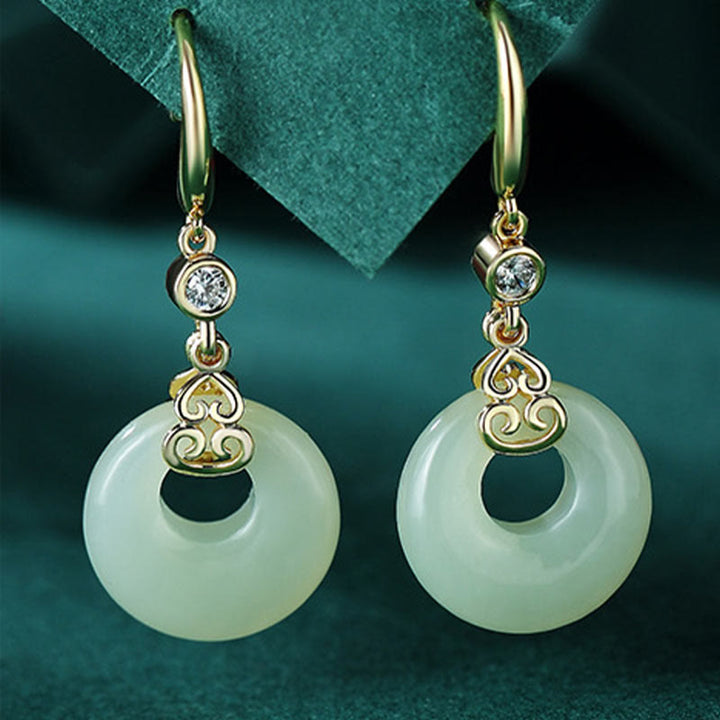 Buddha Stones 925 Sterling Silver Natural Hetian Jade Gourd Peace Buckle Zircon Luck Bracelet Necklace Pendant Earrings - Jade Earrings - image 13