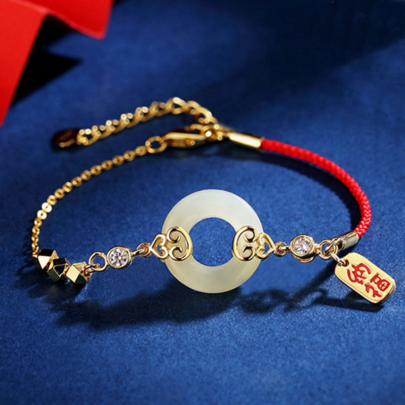 Buddha Stones 925 Sterling Silver Natural Hetian Jade Gourd Peace Buckle Zircon Luck Bracelet Necklace Pendant Earrings - Jade Bracelet(Wrist Circumference 14-17cm) - image 0