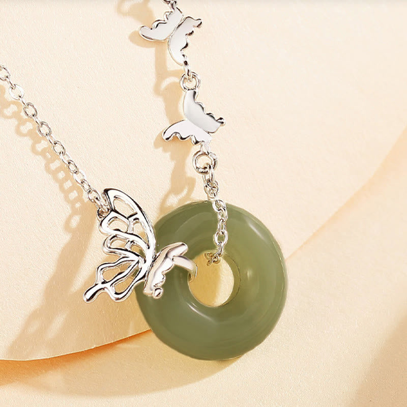 Buddha Stones 925 Sterling Silver Natural Hetian Jade Peace Buckle Butterfly Luck Prosperity Bracelet Necklace Pendant - image 1