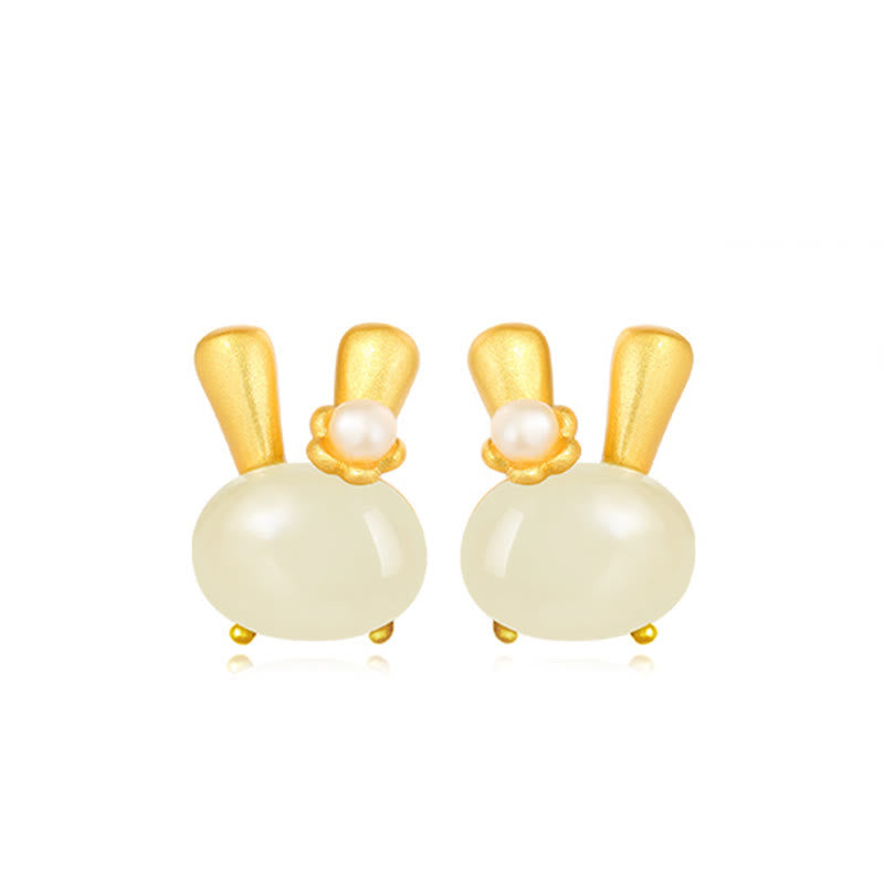 Buddha Stones 925 Sterling Silver Natural Hetian Jade Cute Rabbit Pearl Abundance Earrings - image 11