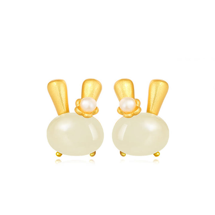 Buddha Stones 925 Sterling Silver Natural Hetian Jade Cute Rabbit Pearl Abundance Earrings - image 11