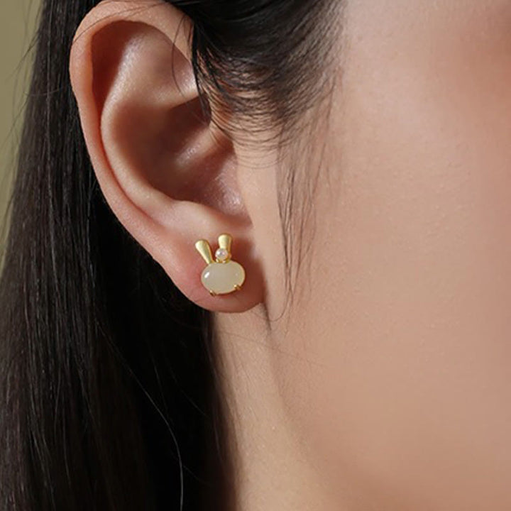 Buddha Stones 925 Sterling Silver Natural Hetian Jade Cute Rabbit Pearl Abundance Earrings - image 3