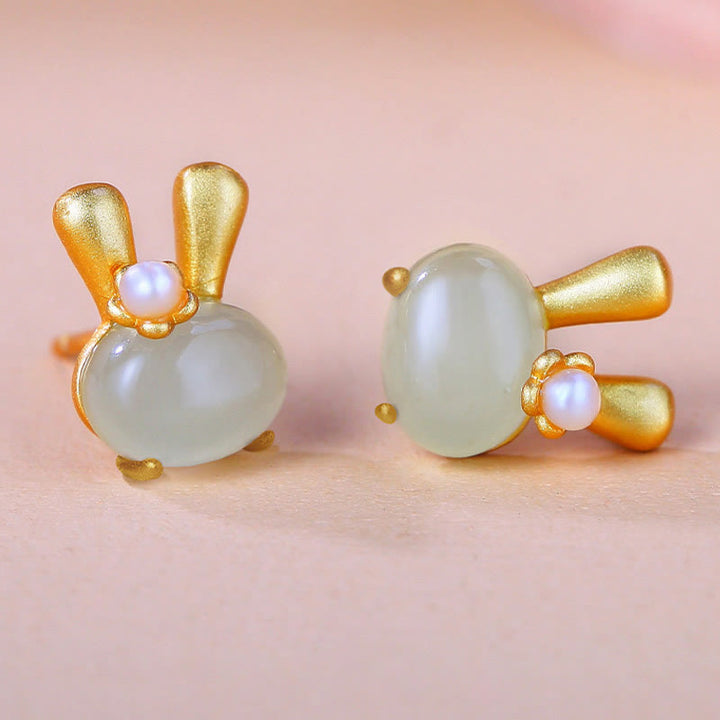 Buddha Stones 925 Sterling Silver Natural Hetian Jade Cute Rabbit Pearl Abundance Earrings