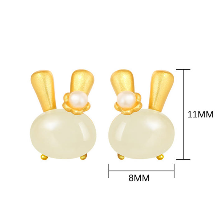 Buddha Stones 925 Sterling Silver Natural Hetian Jade Cute Rabbit Pearl Abundance Earrings - image 10