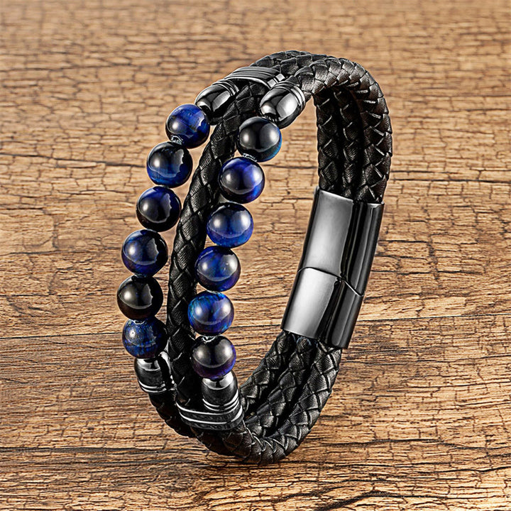 Buddha Stones Tiger Eye Hematite Lava Rock Black Onyx Lazurite Lapis Lazuli Beads Protection Strength Leather Bracelet - image 0
