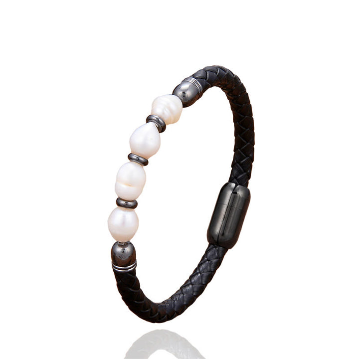 Buddha Stones Handmade Irregular Shaped Pearls Healing Leather Titanium Steel Buckle Bracelet