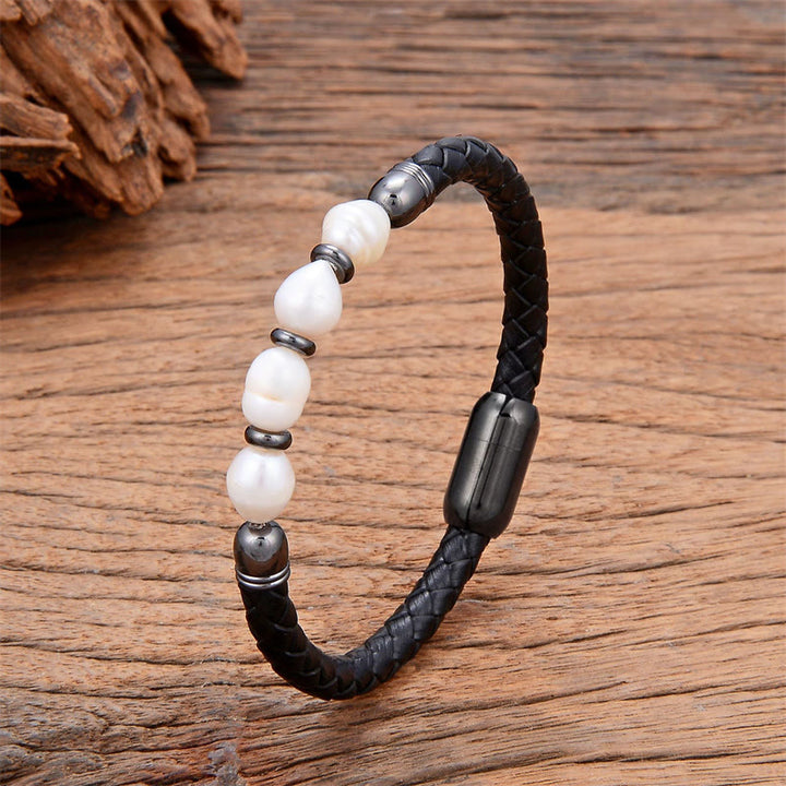 Buddha Stones Handmade Irregular Shaped Pearls Healing Leather Titanium Steel Buckle Bracelet