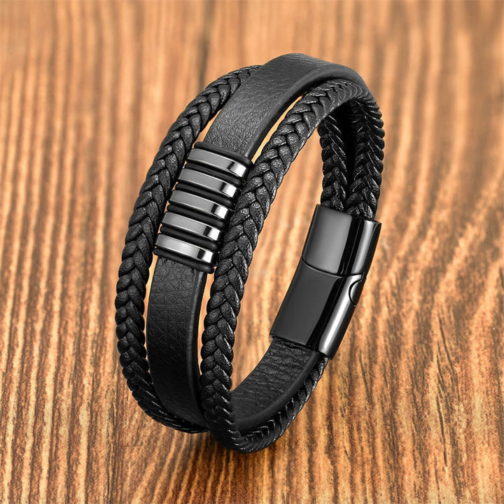 Buddha Stones Multi-layer Leather Rope Titanium Steel Buckle Balance Bracelet