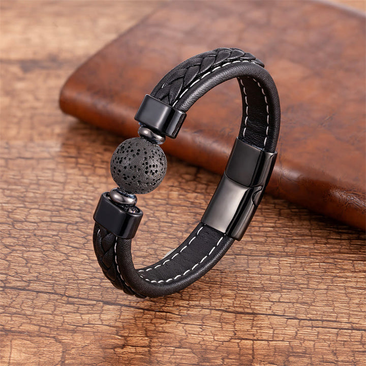 Buddha Stones Lazurite Lapis Lazuli Black Onyx Tiger Eye Lava Rock Om Mani Padme Hum Serenity Leather Bracelet - Lava Rock - 18-22cm - image 7