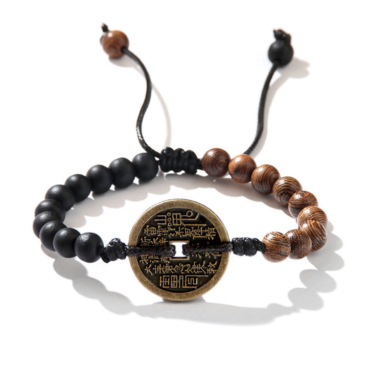 Buddha Stones Ebony Wood Wenge Wood Mountain Ghosts Spend Money Bagua Copper Coin Peace Bracelet