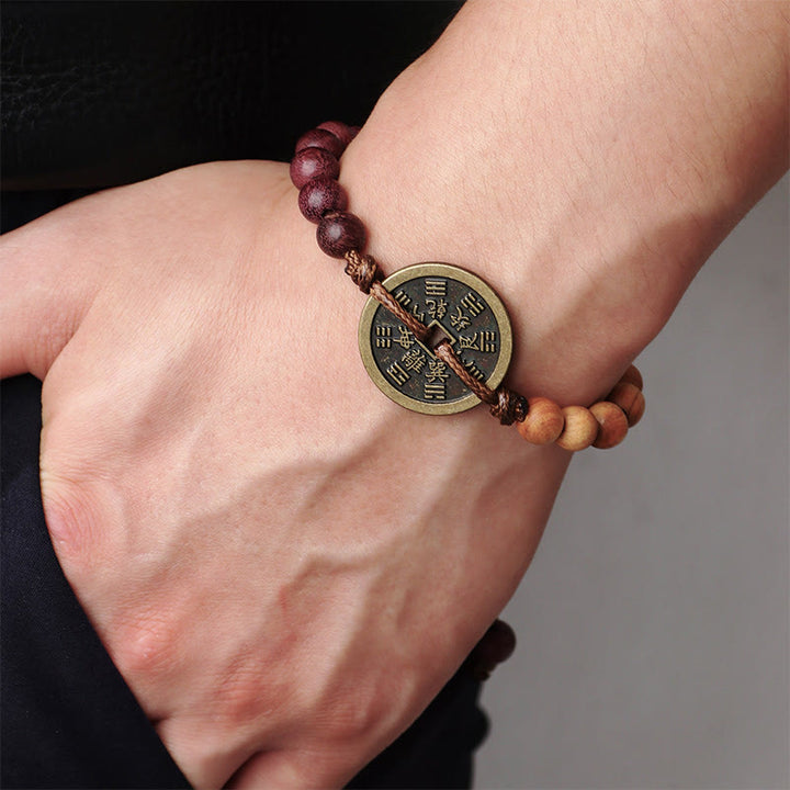 Buddha Stones Ebony Wood Wenge Wood Mountain Ghosts Spend Money Bagua Copper Coin Peace Bracelet