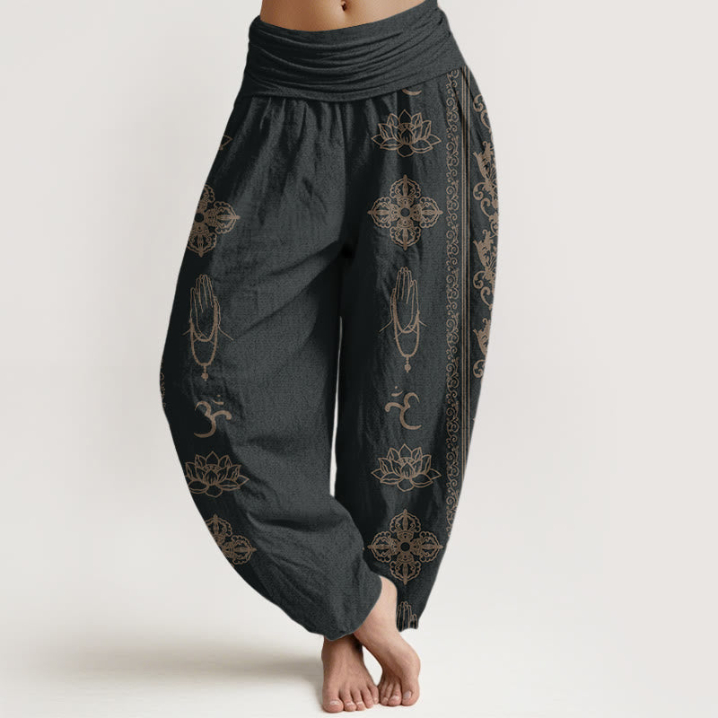 Buddha Stones Cotton Lotus Flowers Double Dorje Vajra Namaste Om Design Women's Elastic Waist Harem Pants - Black - US22，UK/AU26，EU54 (6XL) - image 0