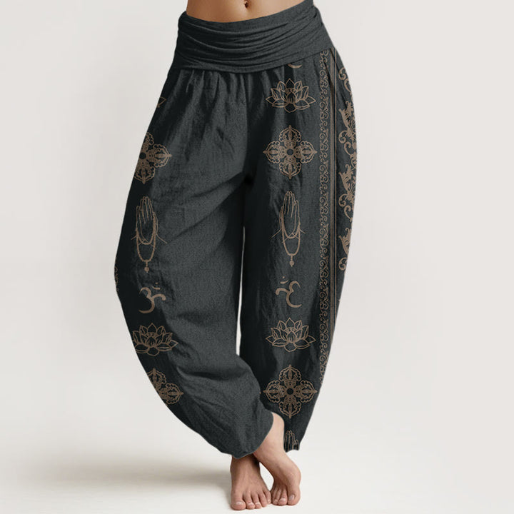 Buddha Stones Cotton Lotus Flowers Double Dorje Vajra Namaste Om Design Women's Elastic Waist Harem Pants - Black - US22，UK/AU26，EU54 (6XL) - image 0