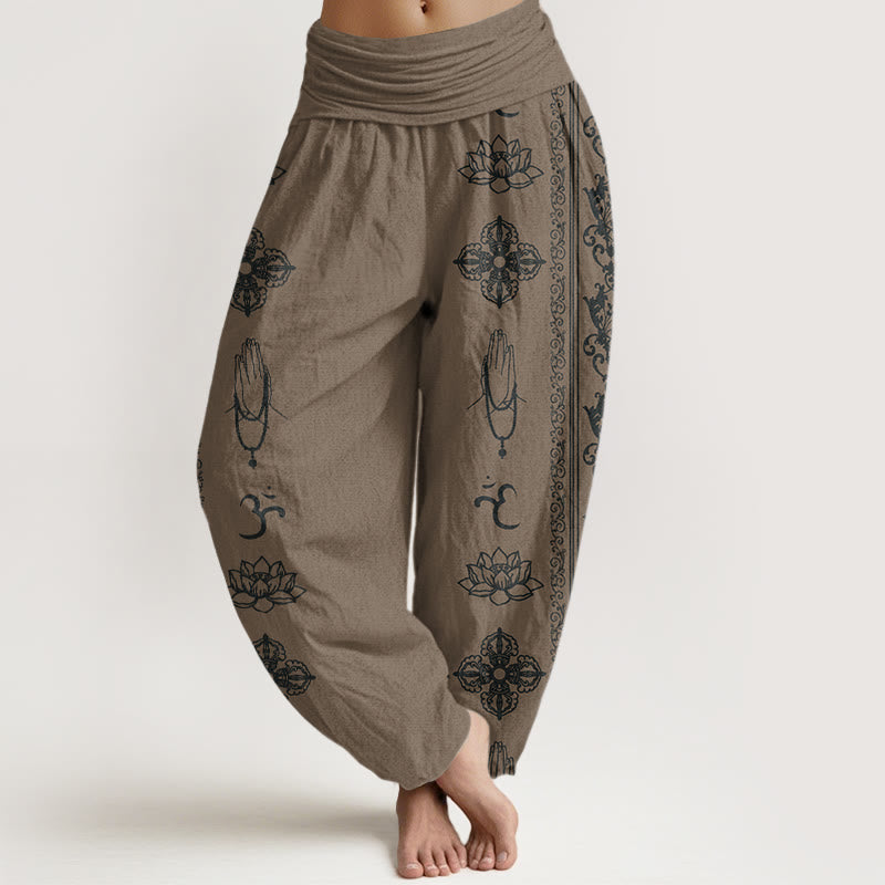 Buddha Stones Cotton Lotus Flowers Double Dorje Vajra Namaste Om Design Women's Elastic Waist Harem Pants - DarkKhaki - US22，UK/AU26，EU54 (6XL) - image 17