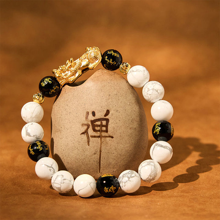 Buddha Stones Vintage White Turquoise Black Onyx Pixiu Beads Blessing Bracelet