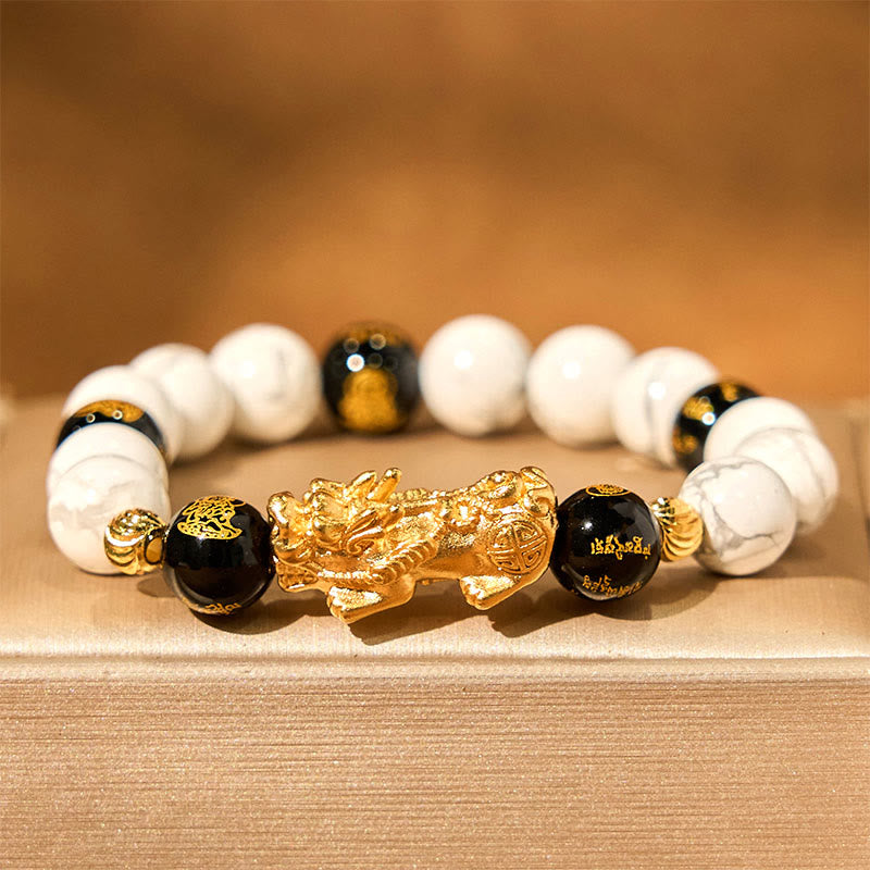 Buddha Stones Vintage White Turquoise Black Onyx Pixiu Beads Blessing Bracelet