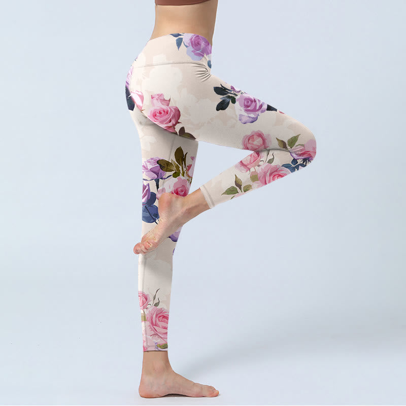 Buddha Stones Beige Rose Flowers Print Gym Leggings Women's Yoga Pants