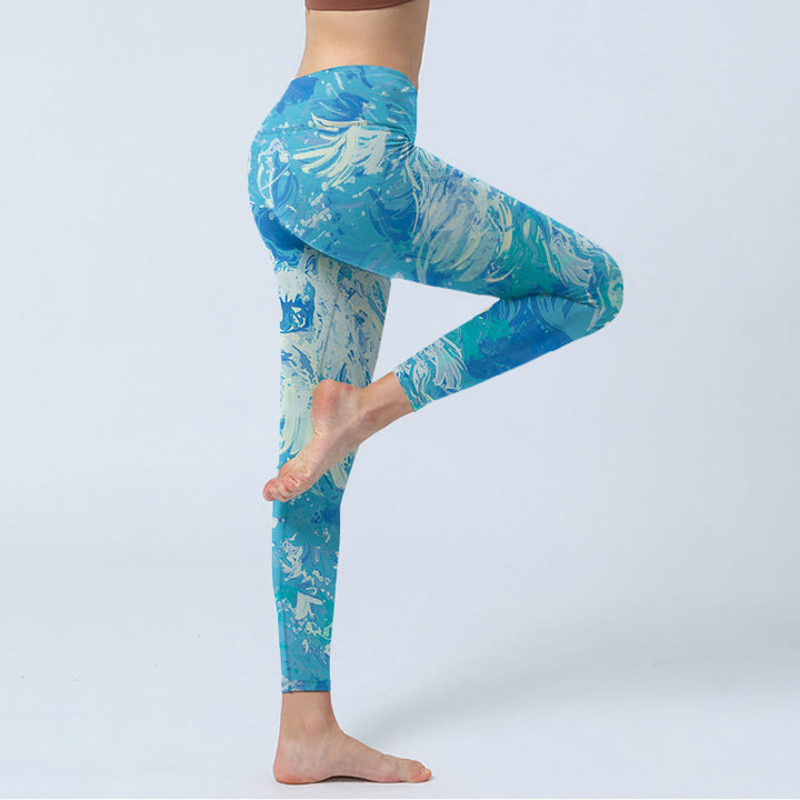 Buddha Stones Blue Abstract Oil Paint Water Pattern Print Gym Leggings Women's Yoga Pants - image 3
