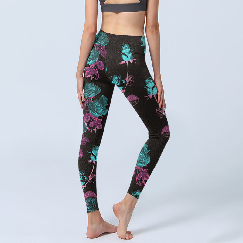 Buddha Stones Black Rose Leaves Pattern Print Gym Leggings Women's Yoga Pants