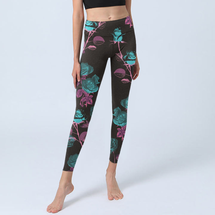 Buddha Stones Black Rose Leaves Pattern Print Gym Leggings Women's Yoga Pants - image 5