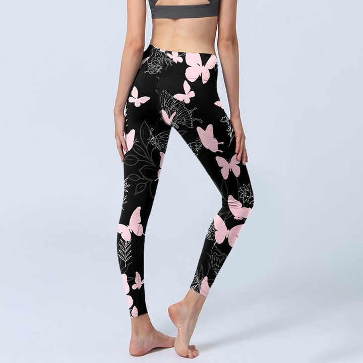 Buddha Stones Black Butterfly Plant Lines Pattern Print Gym Leggings Women's Yoga Pants