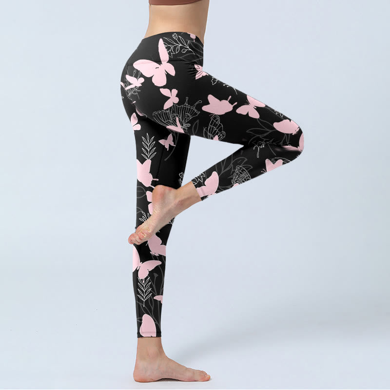 Buddha Stones Black Butterfly Plant Lines Pattern Print Gym Leggings Women's Yoga Pants