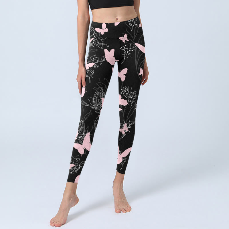 Buddha Stones Black Butterfly Plant Lines Pattern Print Gym Leggings Women's Yoga Pants