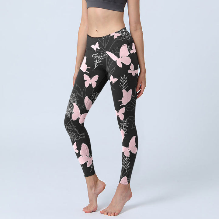 Buddha Stones Black Butterfly Plant Lines Pattern Print Gym Leggings Women's Yoga Pants