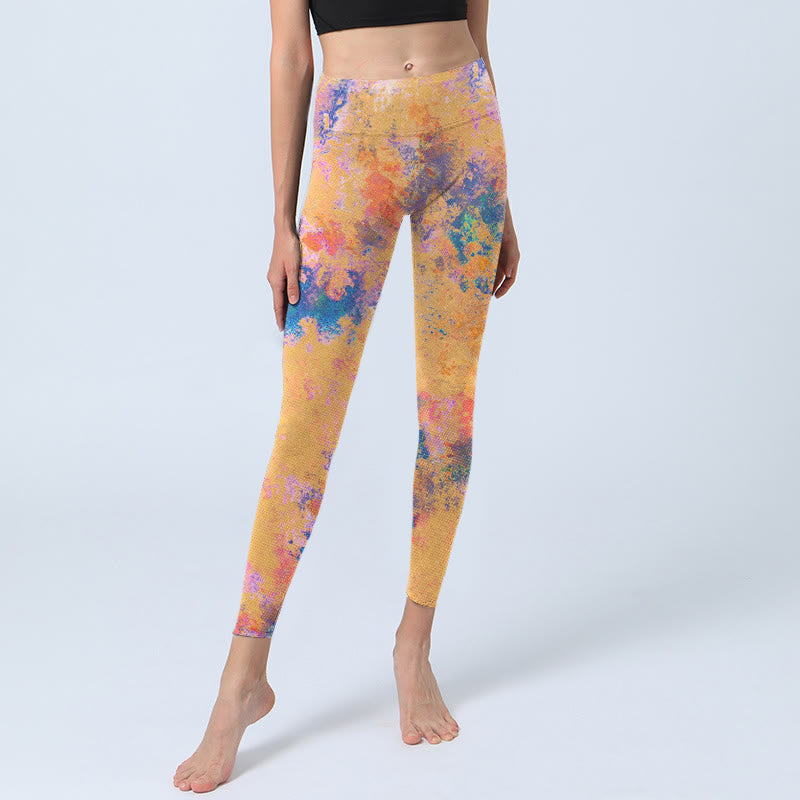 Buddha Stones Bright Yellow Abstract Watercolor Pattern Print Gym Leggings Women's Yoga Pants