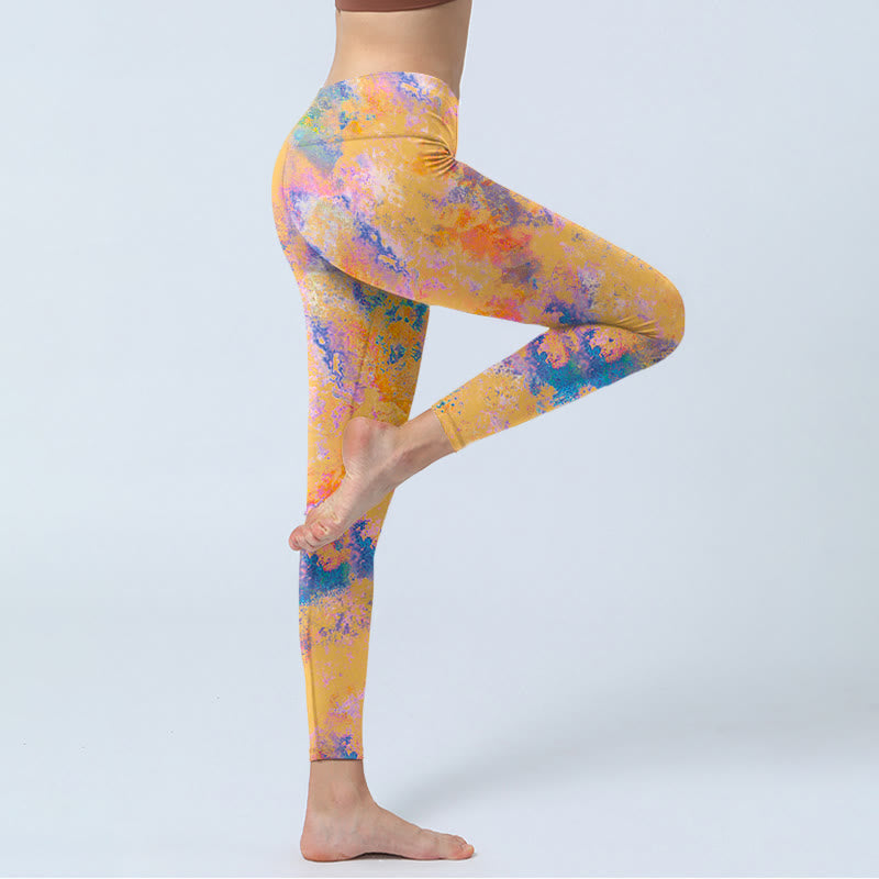 Buddha Stones Bright Yellow Abstract Watercolor Pattern Print Gym Leggings Women's Yoga Pants