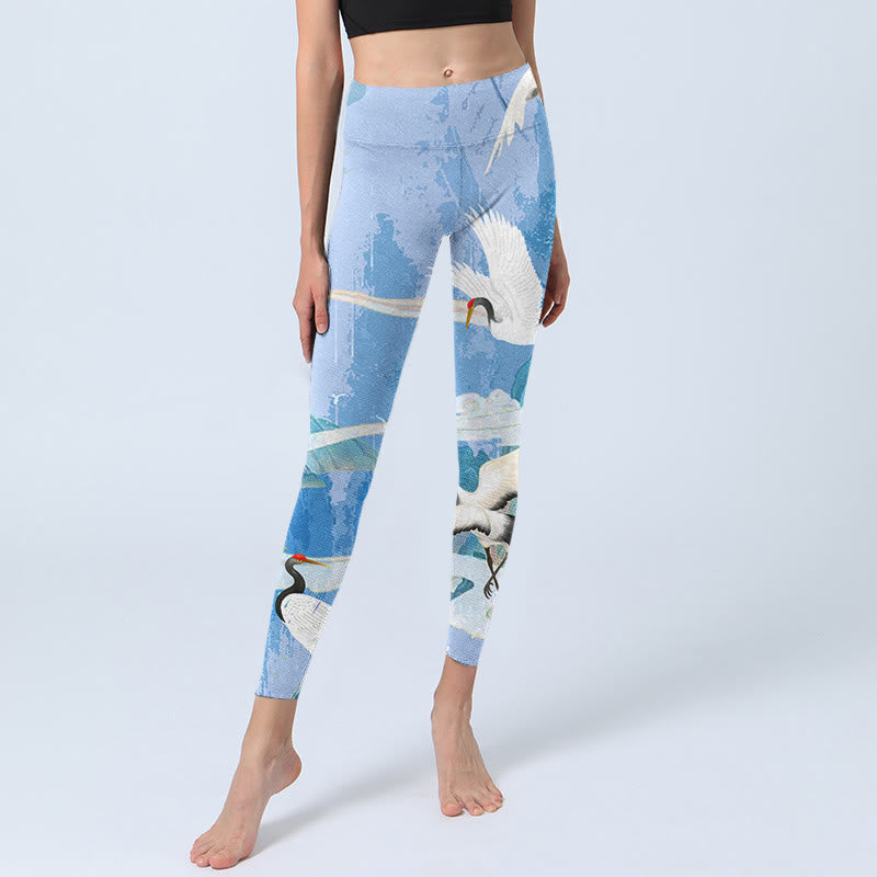 Buddha Stones Mountain Auspicious Cloud Red-crowned Crane Pattern Print Gym Leggings Women's Yoga Pants