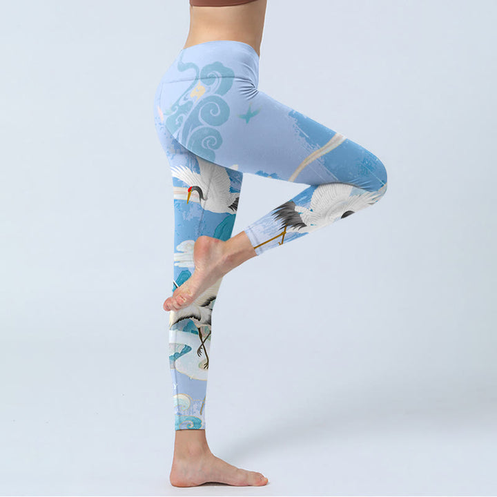 Buddha Stones Mountain Auspicious Cloud Red-crowned Crane Pattern Print Gym Leggings Women's Yoga Pants