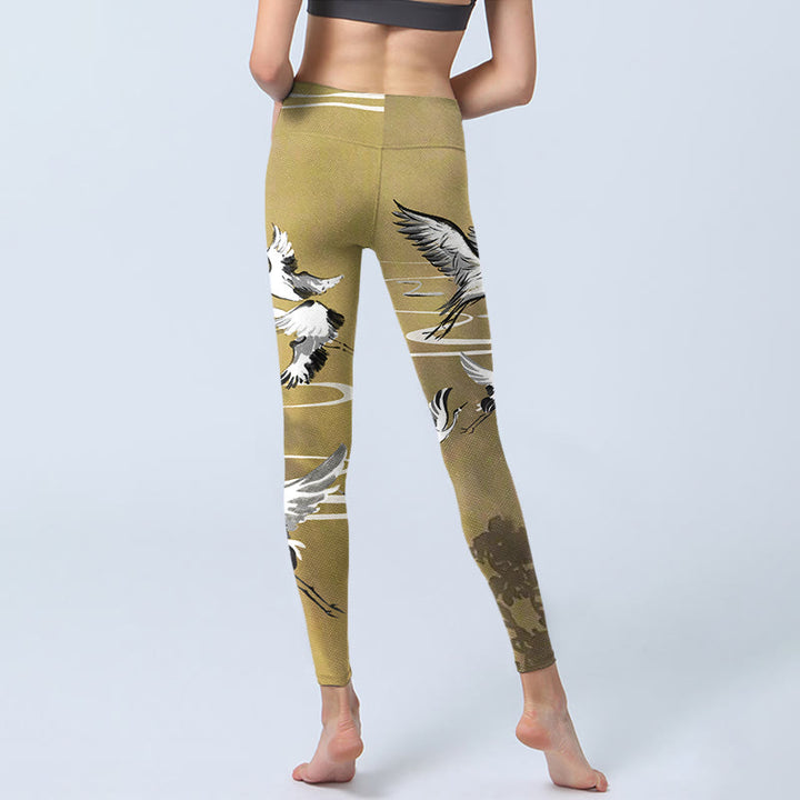 Buddha Stones Trees Cloud Red-crowned Crane Pattern Print Gym Leggings Women's Yoga Pants - image 7